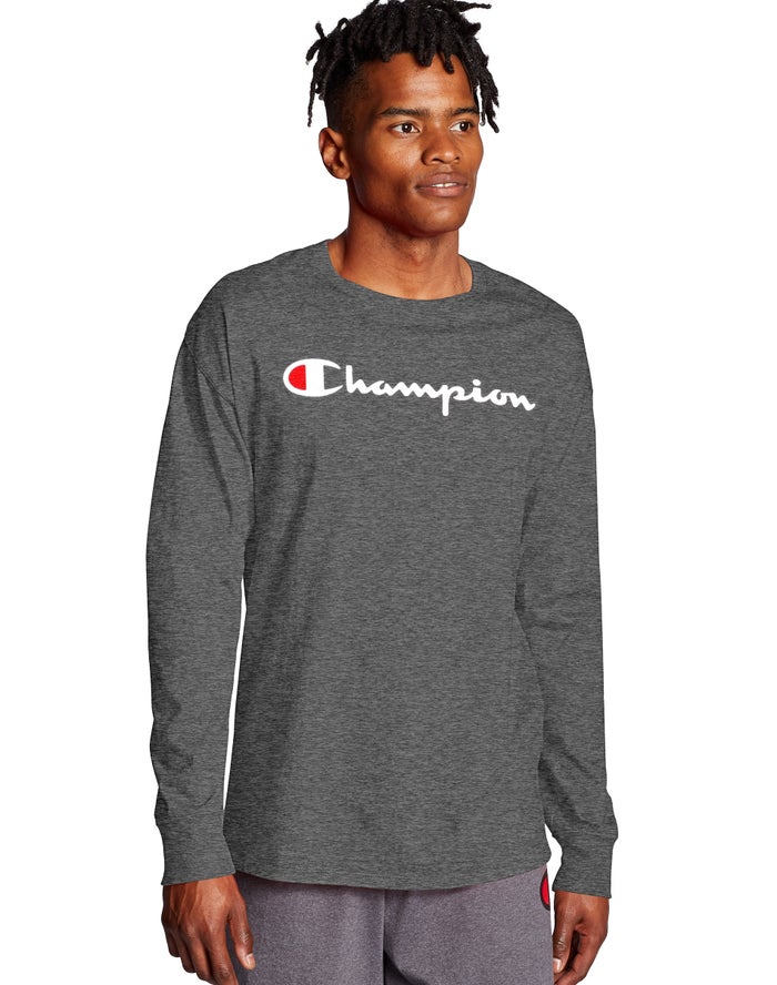 Camiseta Champion Hombre - Classic Long-Sleeve Script Logo ( Gris Oscuro ) 8325194-OV